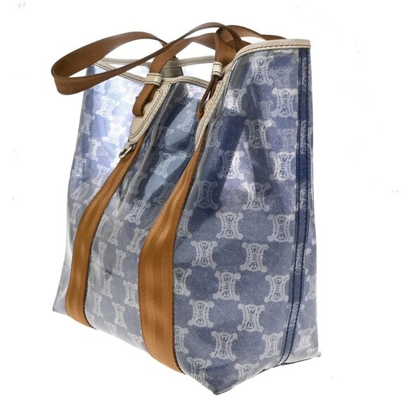 CELINE Logo Macadam Pattern Shoulder Tote Bag Vinyl Leather Blue SHW 38KA973 - Picture 4 of 15